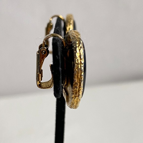 Lisa Earrings Gold Tone Trim Black Oval Cabochon Clip On - Picture 4 of 7